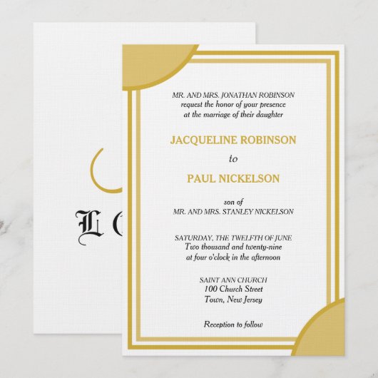 Gouden Witte Monogram Geometrische Trouw Kaart (Voorkant / Achterkant)