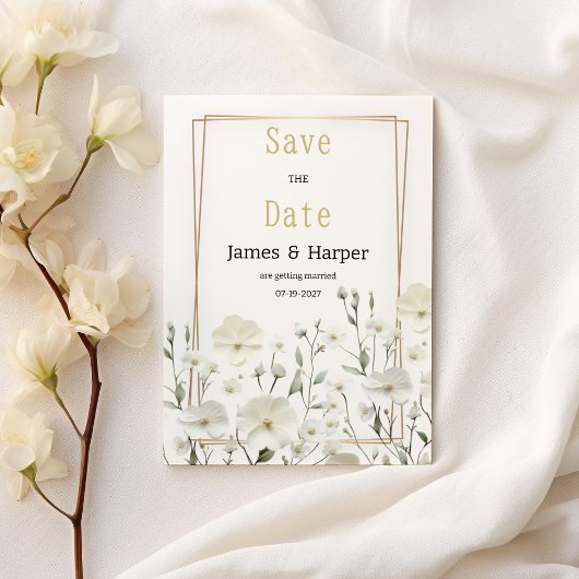 Gouden witte munt delicate bloemen Save the Date Kaart