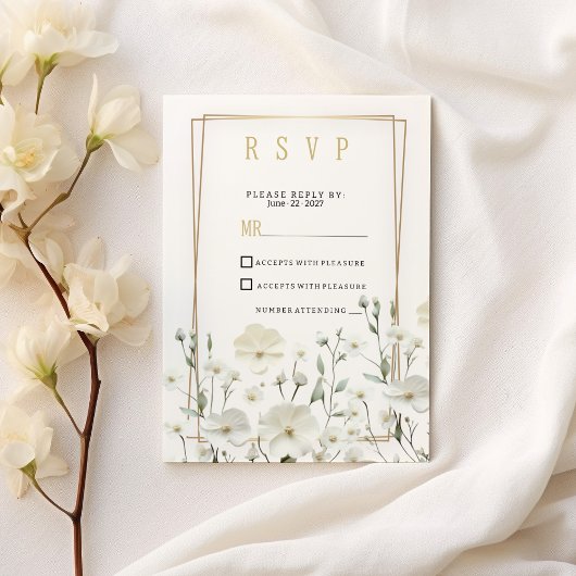 Gouden witte munt delicate bloemstuk RSVP Kaart