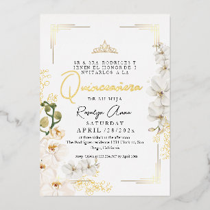 Gouden Witte Orchideeën Prinses Tiara Quinceañera  Folie Uitnodiging