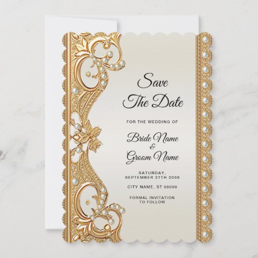 Gouden witte parels Bewaar de datum Save The Date (Voorkant)