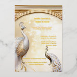 Gouden witte pauw art nouveau elegant echt folie uitnodiging<br><div class="desc">Een bleke gemarmerde achtergrond in beige en wit heeft een gebogen lijst langs de bovenrand en twee witte en faux gouden pauwen. De vogels lijken te schitteren en te schitteren en staan majestueus vorstelijk tegen de gevlekte achtergrond. Beide sjablonen zijn gericht op zwarte bewerkbare tekstvelden die op een witte achtergrond...</div>