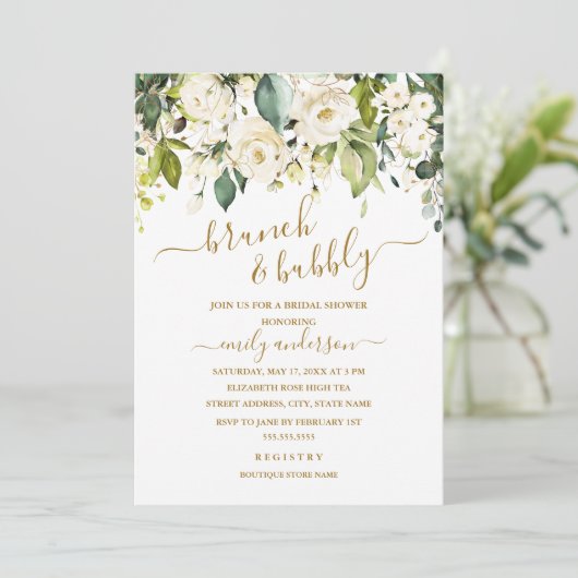 Gouden witte rozenbrunch en bubbelig Vrijgezellenf Kaart (Staand voorkant)