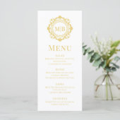 Gouden Witte Sierlijke Bloemrijke Monogram Bruilof Menu (Staand voorkant)