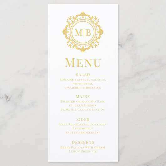 Gouden Witte Sierlijke Bloemrijke Monogram Bruilof Menu (Voorkant)