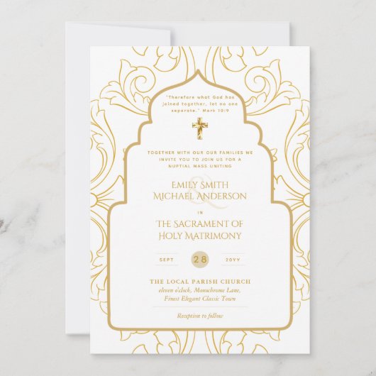 Gouden Witte Sierlijke Katholieke Huwelijksmis Bru Kaart (Voorkant)