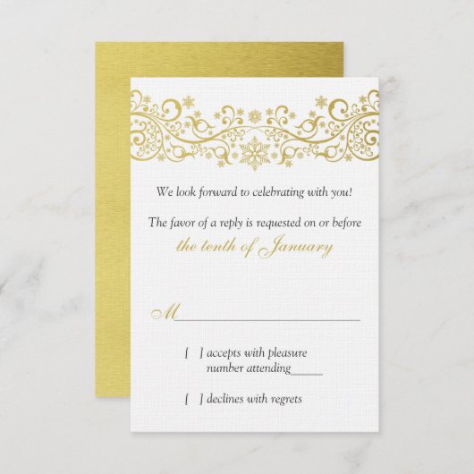 Gouden Witte Sneeuwvlok Bloemen Trouwen RSVP Reage (Voorkant / Achterkant)