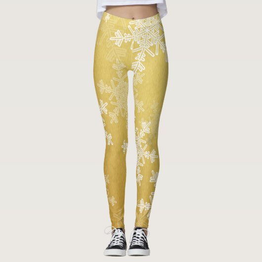 Gouden Witte Sneeuwvlokken Minimalistische Kerstmi Leggings (Voorkant)