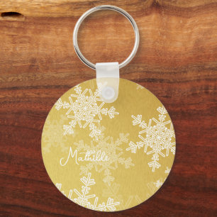 Gouden Witte Sneeuwvlokken Minimalistische Kerstna Sleutelhanger