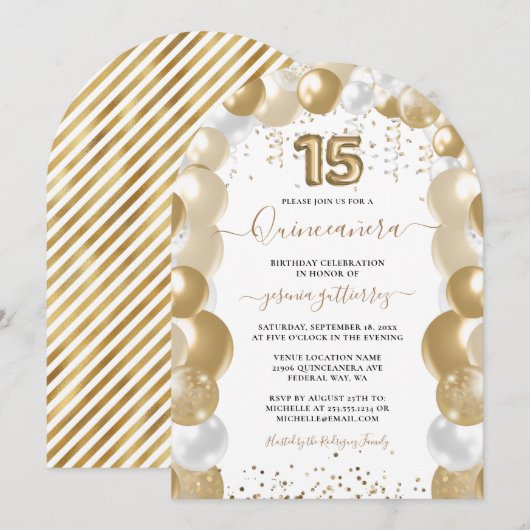 Gouden Witte Sparkle Quinceañera Ballon Kaart (Voorkant / Achterkant)