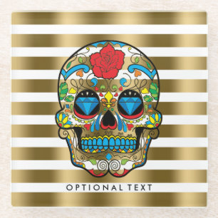 Gouden & witte strepen met rode roossuiker schedel glazen onderzetter