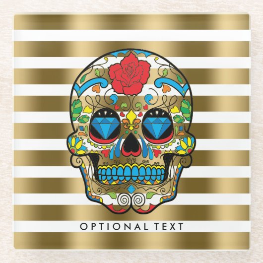 Gouden & witte strepen met rode roossuiker schedel glazen onderzetter (Voorkant)