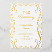 Gouden Witte Swirl Elegant 50ste bruiloft Jubileum Folie Uitnodiging