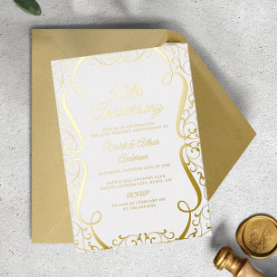 Gouden Witte Swirl Elegant 50ste bruiloft Jubileum Folie Uitnodiging