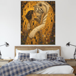 Gouden Witte Tijger Eeuwige Kus Fantasie Kunst Canvas Afdruk