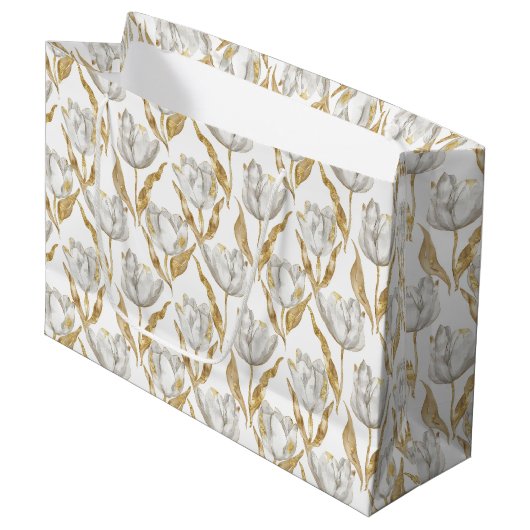 Gouden Witte Tulp Bloemen Bruidsdouche Groot Cadeauzakje (Voorkant Gekanteld)