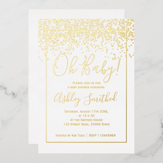 gouden witte typografie baby shower folie uitnodiging (Voorkant / Achterkant)