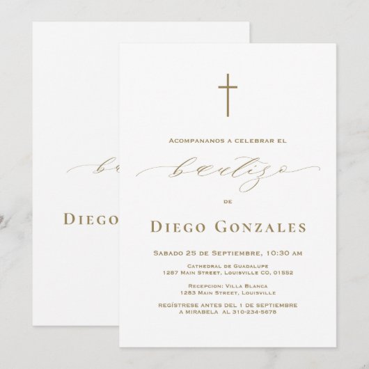 Gouden Witte Uitnodiging De Bautizo Jongensdoop (Voorkant / Achterkant)