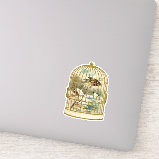 Gouden Witte Vogelkooi Met Vogel Op Tak Cabine Sne Sticker (Detail)