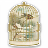 Gouden Witte Vogelkooi Met Vogel Op Tak Cabine Sne Sticker (Voorkant)