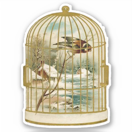 Gouden Witte Vogelkooi Met Vogel Op Tak Cabine Sne Sticker (Voorkant)