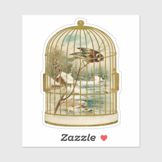 Gouden Witte Vogelkooi Met Vogel Op Tak Cabine Sne Sticker (Vel)