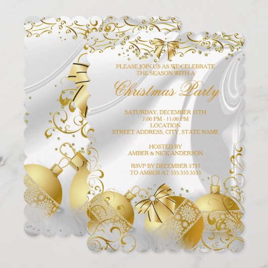 Gouden Witte Zijde Strik Bal Kerstfeest Kaart (Voorkant / Achterkant)