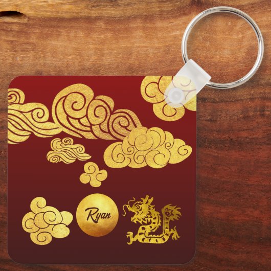 Gouden Wolken Dragon papier-cut Chinese Monogram K Sleutelhanger (Achterkant)