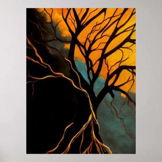 Gouden wortels en schemerboom poster (Voorkant)