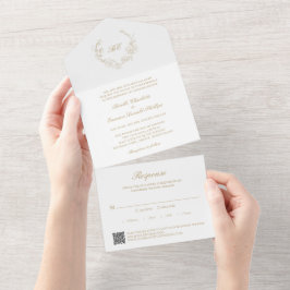 Gouden Wreath Monogram QR Code Elegante Trouw All In One Uitnodiging