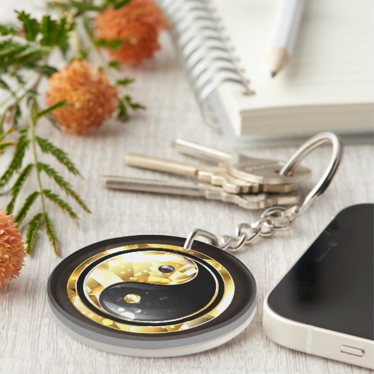 Gouden Yin Yang op zwart Sleutelhanger (Voorkant Rechts)