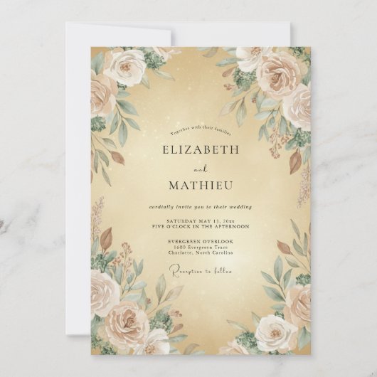 Gouden Zachte Crème Ranunculus Eucalyptus Bruiloft Kaart (Voorkant)