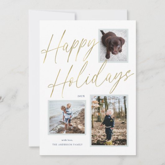 Gouden Zalige Feestdagen Script 3 Foto Vakantiekaa Feestdagenkaart (Voorkant)