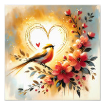 Gouden Zangvogel met Koraalbloemen en Hart