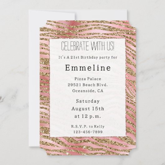 Gouden Zebra Glitter Roze Bont Kaart (Voorkant)