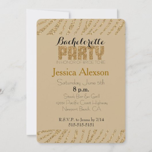 Gouden Zebra Print Faux Glitter Bachelorette Kaart (Voorkant)