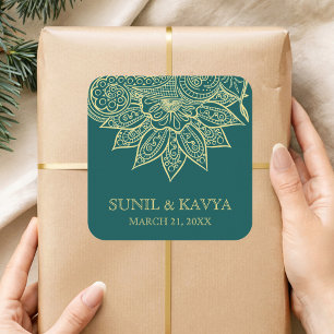 Gouden Zee Groene Mehendi Henna Indiase Trouwgunst Vierkante Sticker