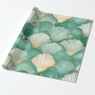 Gouden Zee Schelp Golfpatroon in Aqua Teal Cadeaupapier