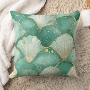 Gouden Zee Schelp Golfpatroon in Aqua Teal Kussen
