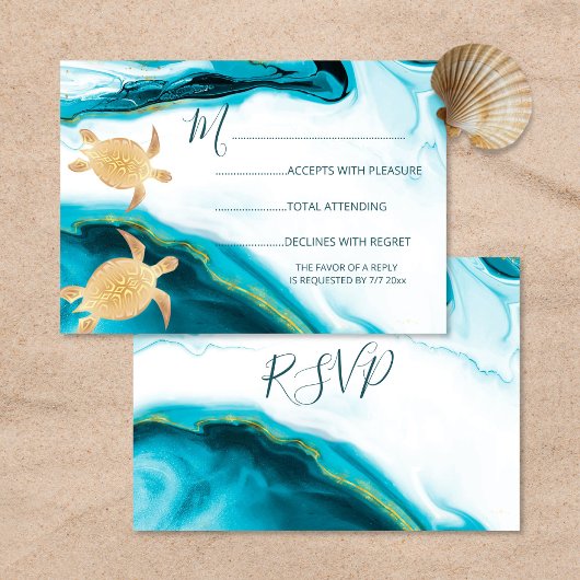Gouden Zeeen Turtles Turquoise Beach Wedding RSVP Kaartje