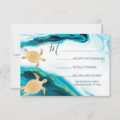 Gouden Zeeen Turtles Turquoise Beach Wedding RSVP Kaartje (Voorkant)