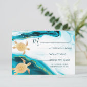 Gouden Zeeen Turtles Turquoise Beach Wedding RSVP Kaartje (Staand voorkant)