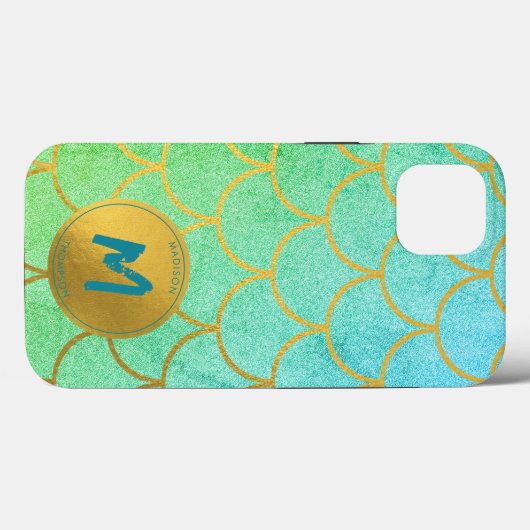 Gouden Zeemeermin Schalen Blauwgroen Patroon Monog Case-Mate iPhone Case (Achterkant (horizontaal))