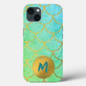 Gouden Zeemeermin Schalen Blauwgroen Patroon Monog Case-Mate iPhone Case (Achterkant)