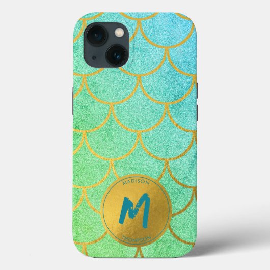 Gouden Zeemeermin Schalen Blauwgroen Patroon Monog Case-Mate iPhone Case (Achterkant)