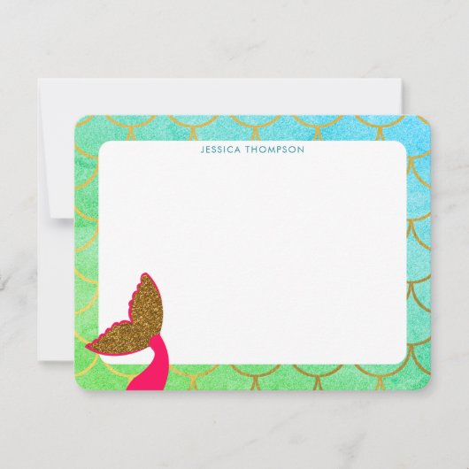 Gouden Zeemeermin Schubben Groenblauw Glitters Kin Notitiekaartje (Voorkant)