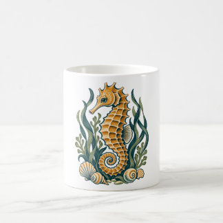 Gouden zeepaard met zeegras en schelpen koffiemok