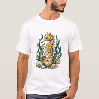 Gouden Zeepaard met Zeegras en Schelpen T-shirt