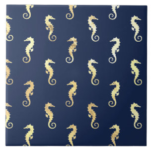 Gouden zeepaarden op marineblauw tegeltje