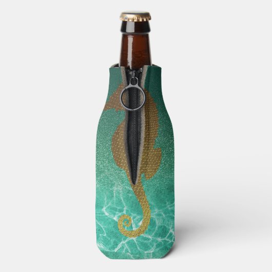 Gouden zeepaardje en turquoise glitter fles koeler (Fles Achterkant)